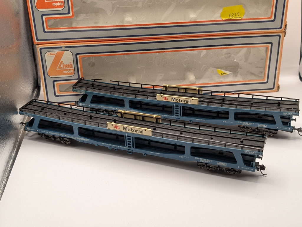 Lima OO Gauge Blue Bogie Car Transporter Wagons Pair - Kadee Modified - Boxed (Spares/Repair)