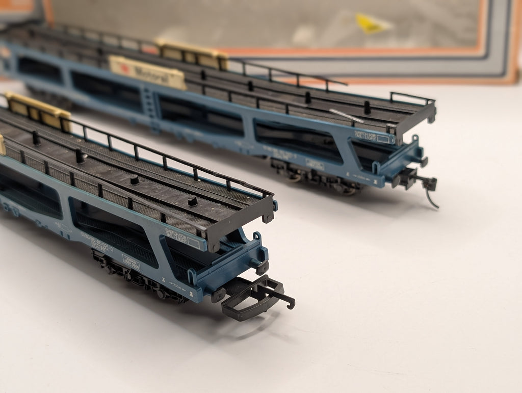 Lima OO Gauge Blue Bogie Car Transporter Wagons Pair - Kadee Modified - Boxed (Spares/Repair)